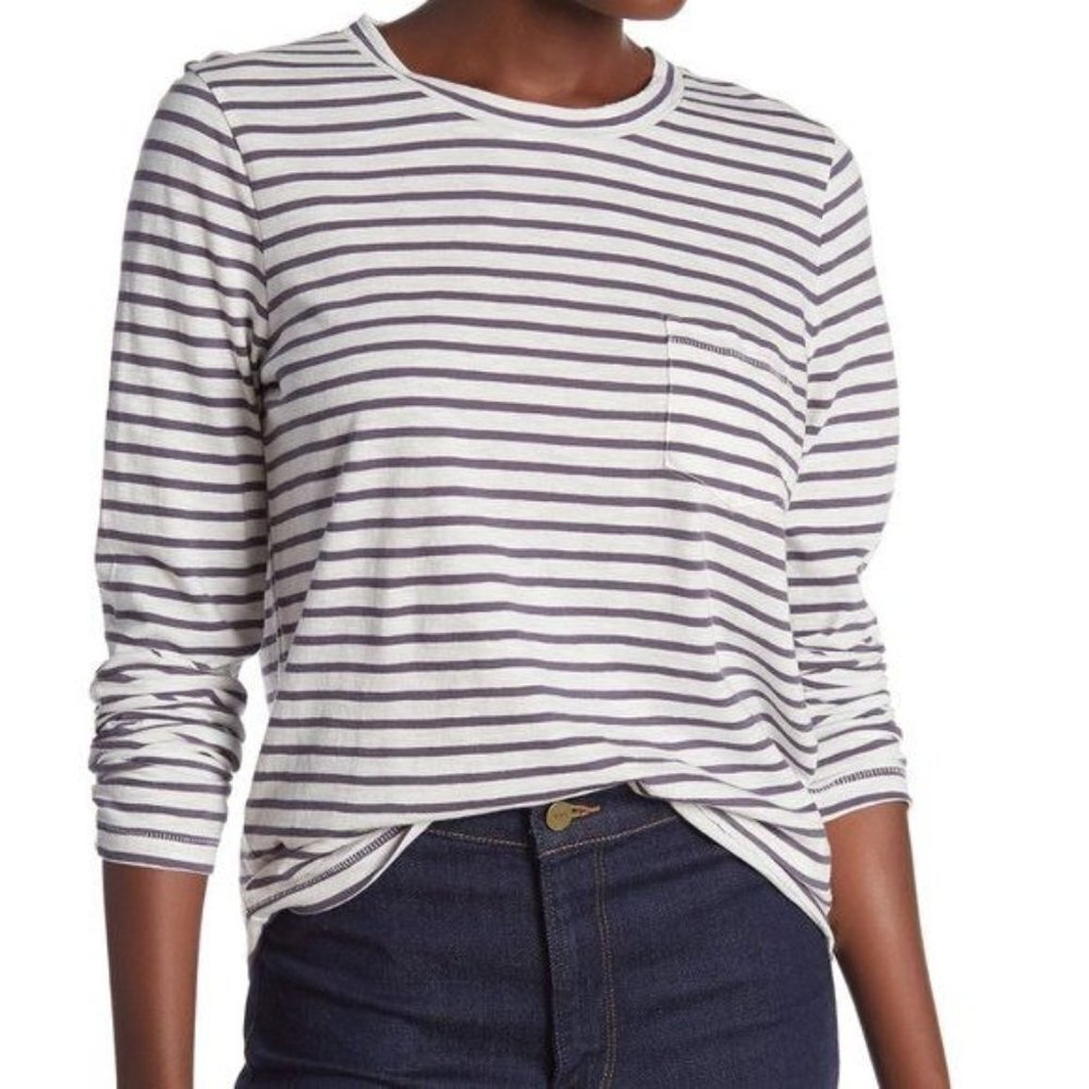 Madewell Women Striped T-Shirt Long Sleeve Crew Neck Front Chest Pocket X-Small